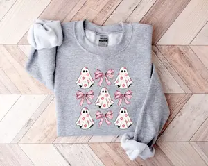 Pink Coquette Ghosts Sweatshirt, Cute Ghosts Sweater, Pinky Ghosts Girly Halloween T-Shirt, Women's Fall Gift, Halloween Girly Gift.