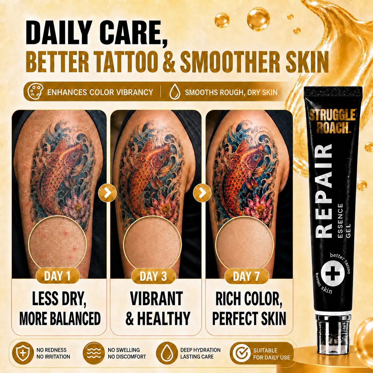 StruggleRoach 20ml Tattoo Aftercare Essence Gel Cream - Non-Sticky Transparent Texture, Hydrating, Anti-Fade Color Protection, Healing-Accelerating, Dryness & Itching-Relieving, Moisturizing for Daily Care, All Skin Types, Clean, Tube