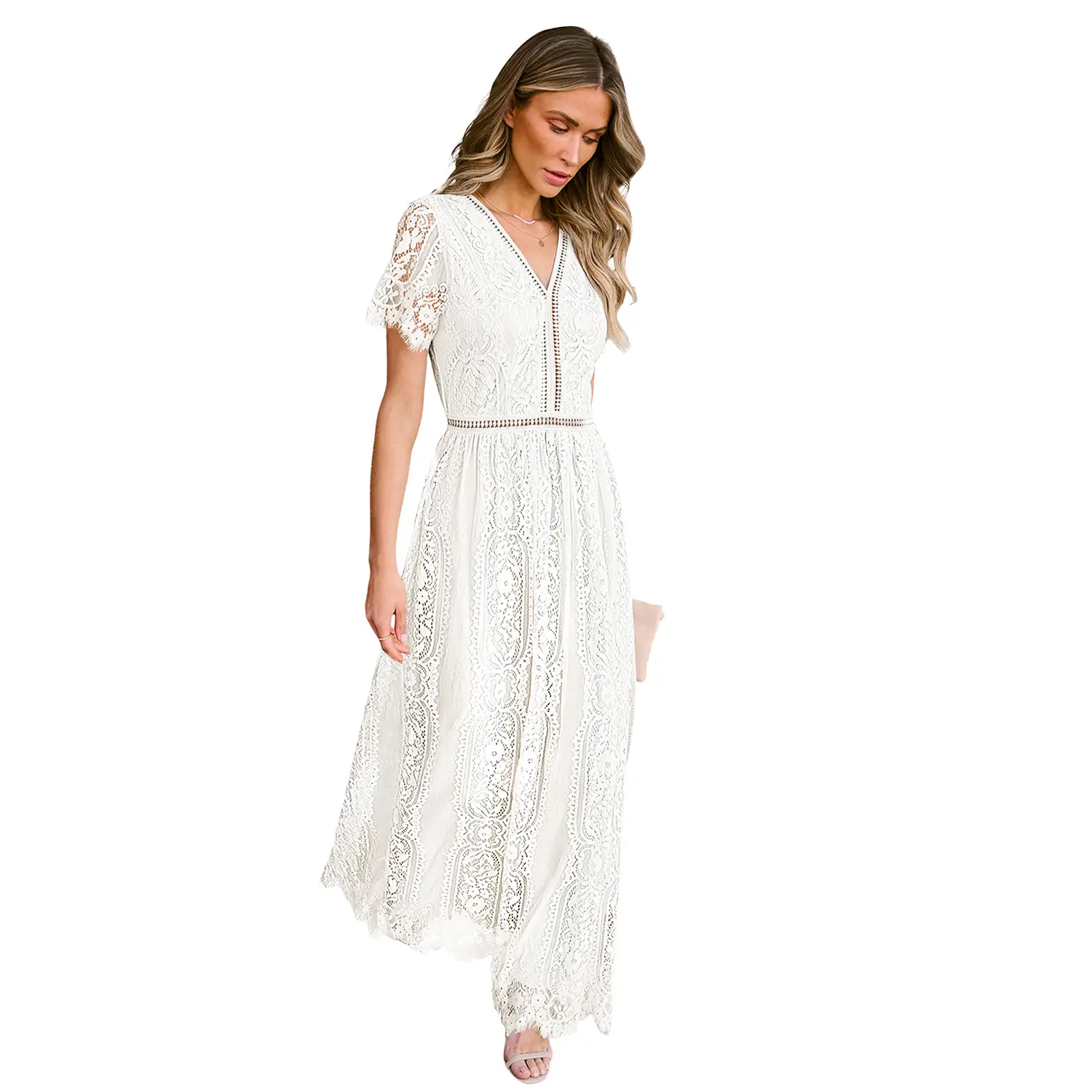 MEROKEETY Women's V Neck Short Sleeve Floral Lace Wedding Bridesmaid Party Maxi Dress