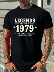 Men's Vintage Washed Print T-Shirt, Legends Were Born in 1979, Birthday Memorial Crop Top, Casual Fitted Short Sleeve