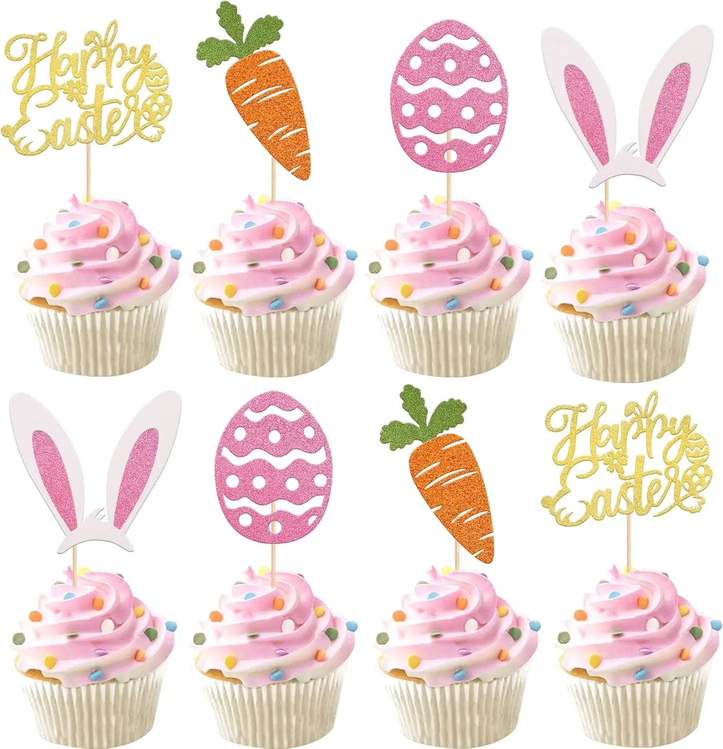 24 Pack Glitter Happy Easte Cupcake Toppers Carrot Rabbit Easter Egg Decor Cupcake Picks for Bunny Ear Theme Baby Shower Spring Theme Birthday Easter Party Cake Decorations