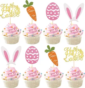 24 Pack Glitter Happy Easte Cupcake Toppers Carrot Rabbit Easter Egg Decor Cupcake Picks for Bunny Ear Theme Baby Shower Spring Theme Birthday Easter Party Cake Decorations