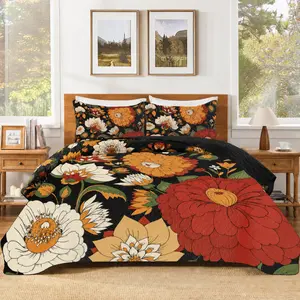 3 Piece Boho Floral Quilt Sets Farmhouse Botanical Reversible Lightweight Bedspread Coverlet with 2 Shams Mid Century Leaves Microfiber Bedding Quilts Set for All Season summerwins