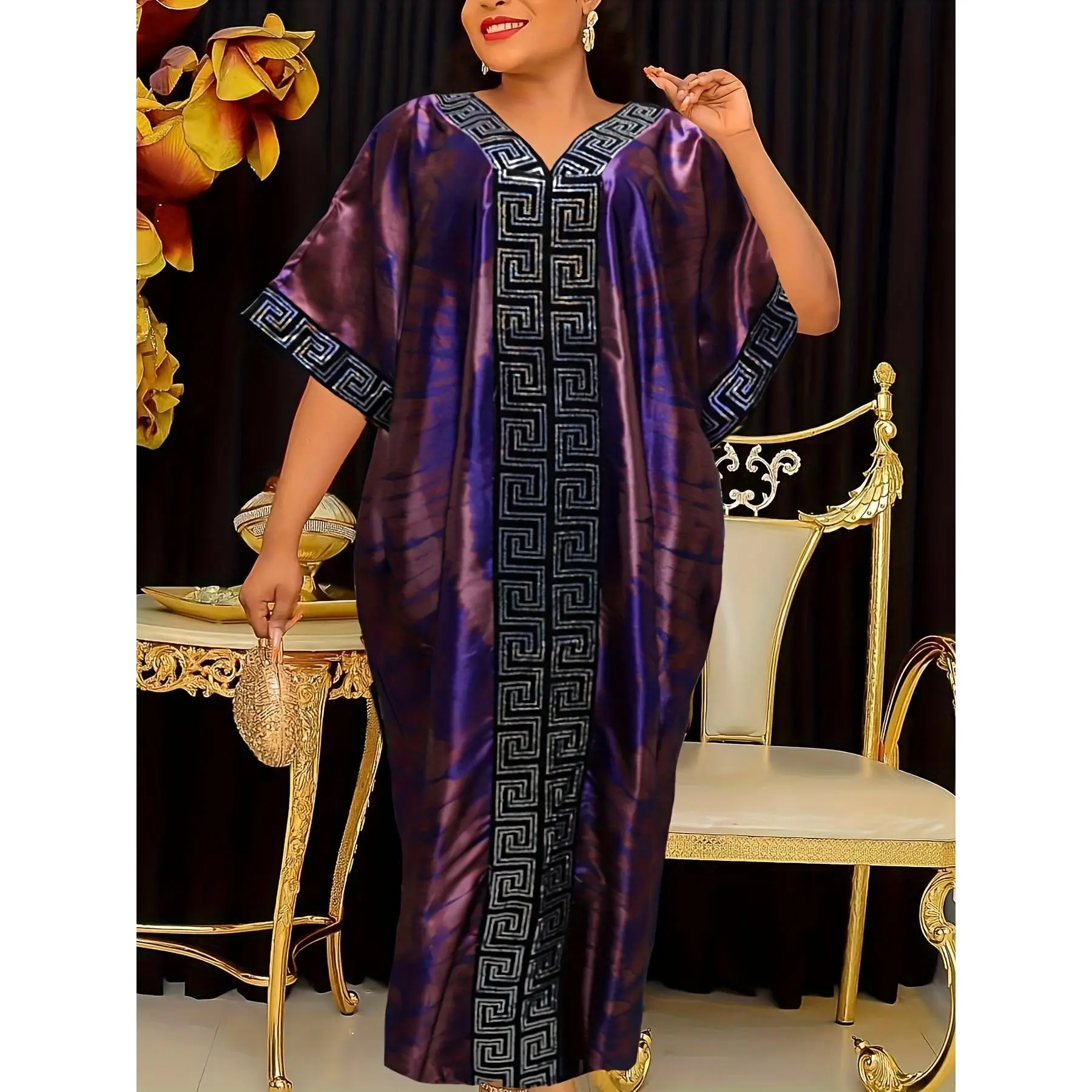 Cultural Charm, Elegant Middle Eastern-Inspired Maxi Kaftan Dress with Sequin Accents, V-Neck, Batwing Sleeves & Matching Hijab - Polyester Blend, Non