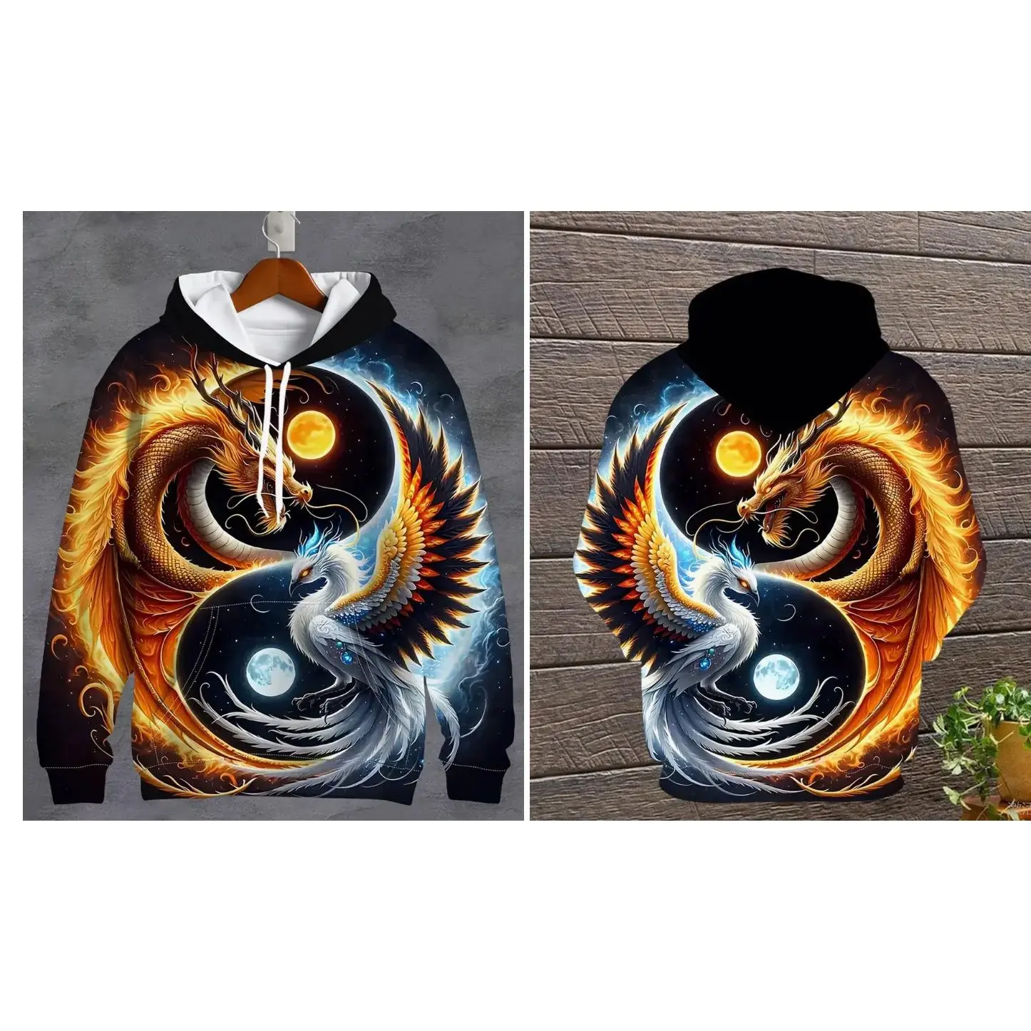 Men's Japanese Sakura Flower & Moon Print Hoodie, Streetwear Preppy Stylish Top for Winter Men's Japanese Sakura Flower & Moon Print Hoodie, Streetwear Preppy Stylish Top for Winter