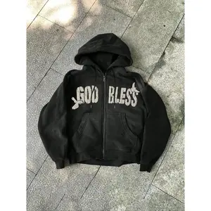 “God Bless” Graphic Zip-Up Hoodie | Vintage-Style Print, Comfortable Fit, Y2K Streetwear Vibe. Perfect for casual looks & trendy outfits!