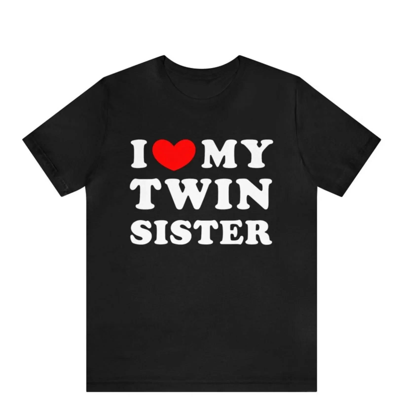 Casual Sibling Graphic T-Shirt with 'I Love My Twin Sister' Print, 100% Cotton Knit Short-Sleeve Crew Neck, Regular Fit for Adults, Shortsleeve, Fabric, Round Neck, Top, Tshirt, Sibling Theme, Machine Washable, All-Season, Positioned Print, Casual Wear, S