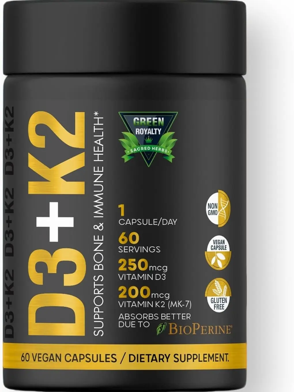 Green Royalty Vegan Certified Gluten-Free Flavor-Free Vitamin D3 10000 IU + K2 200mcg Soft-Gels - Supports Immune, Heart, Joint Health - 60 Capsules Dietary Supplement