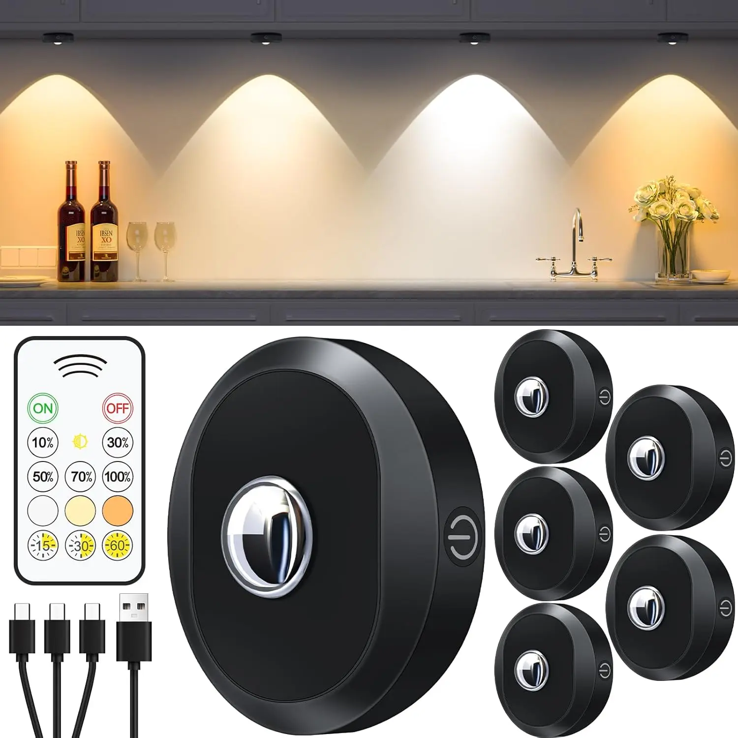 6-Pack Rechargeable LED Puck Lights with Remote Control, 1200mAh Battery-Operated Dimmable Touch Push Lights, Wireless Adhesive Sheets USB-Charging RGB Modes for Under Cabinets, Closets