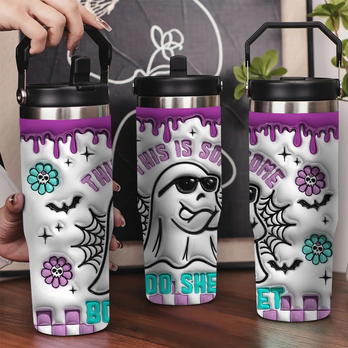 30oz Stainless Steel Insulated Tumbler with Leak-Proof Lid & Portable Handle - Ghost wearing sunglasses design,Long-Lasting Hot/Cold Insulation,Perfect for Car,Office,Travel and Birthday Gifts, Travel Drinkware,Horse Drink Water Bottles
