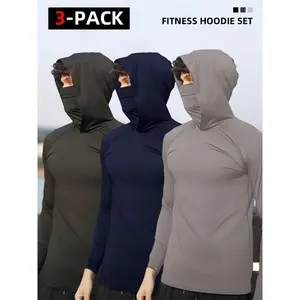 New3-Pack Men's Sun Protective Hoodies With Face Mask - Lightweight, High-elastic Compression Sportswear For Running And Fitness
