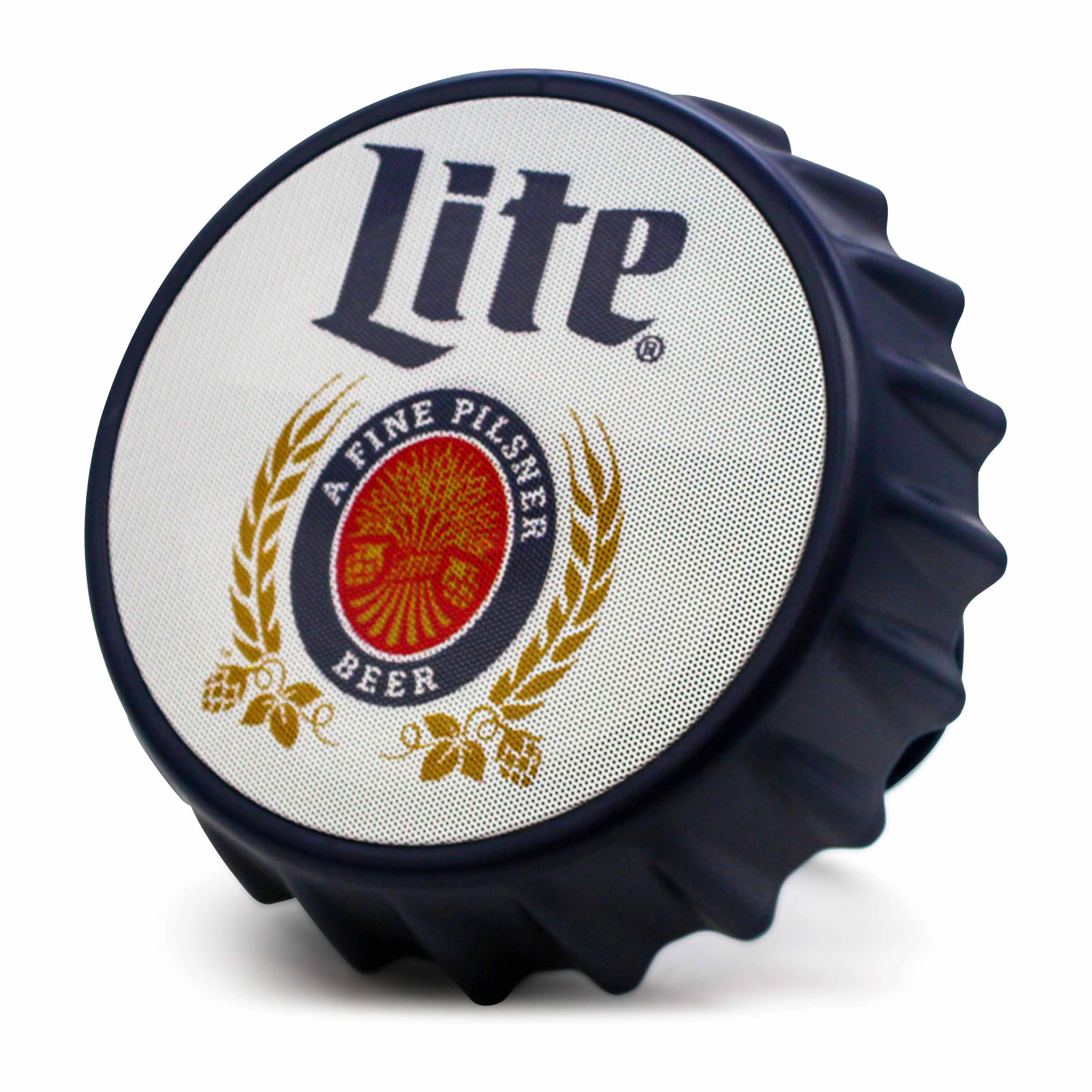 Miller Lite Bottle Cap Shaped Bluetooth Speaker with LED Lights, Kickstand, Wall Mountable