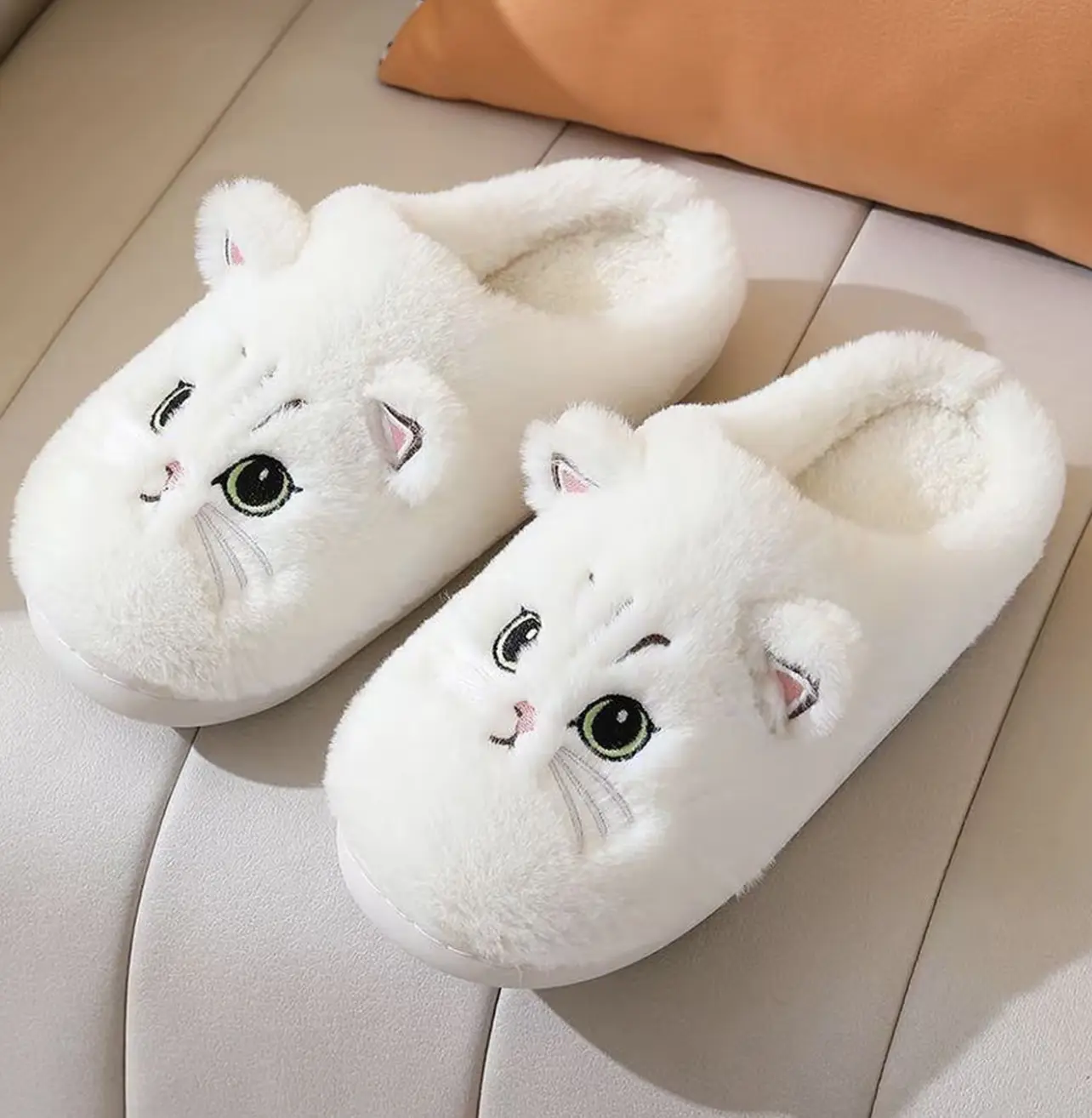 Cute Embroidery Cat Plush Slippers, Non Slip Soft Faux Fur Indoor House Shoes For Air Conditioned Rooms