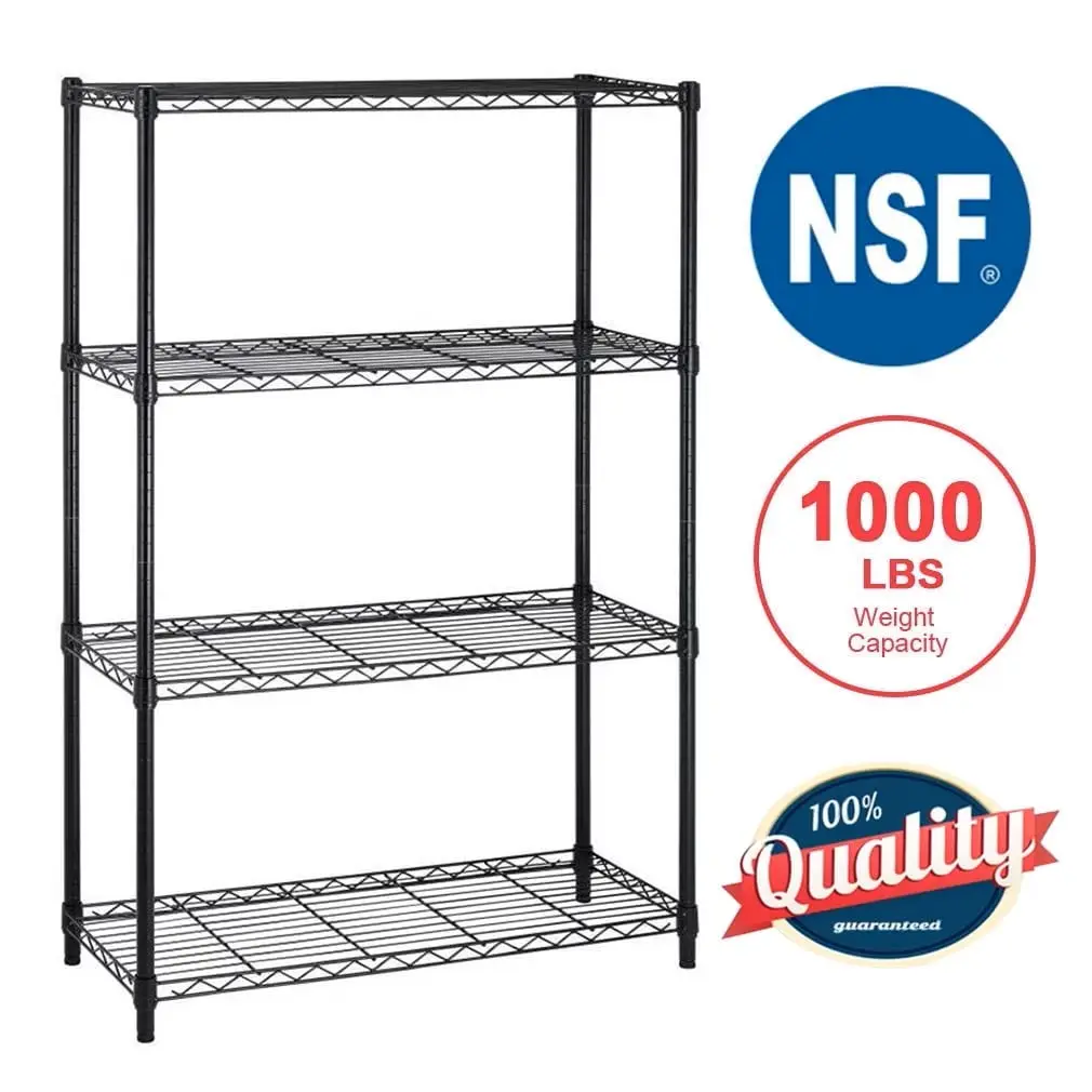 Heavy-Duty 4-Shelf NSF Wire Shelving Unit, Black Height-Adjustable Metal Storage Racks for Garage, 1000 lbs Capacity