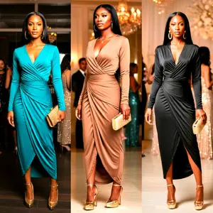 Front Slit Dress - Elegant Long Sleeve Wrap Dress (Teal, Mocha, Black) NO RETURNS NO EXCHANGES