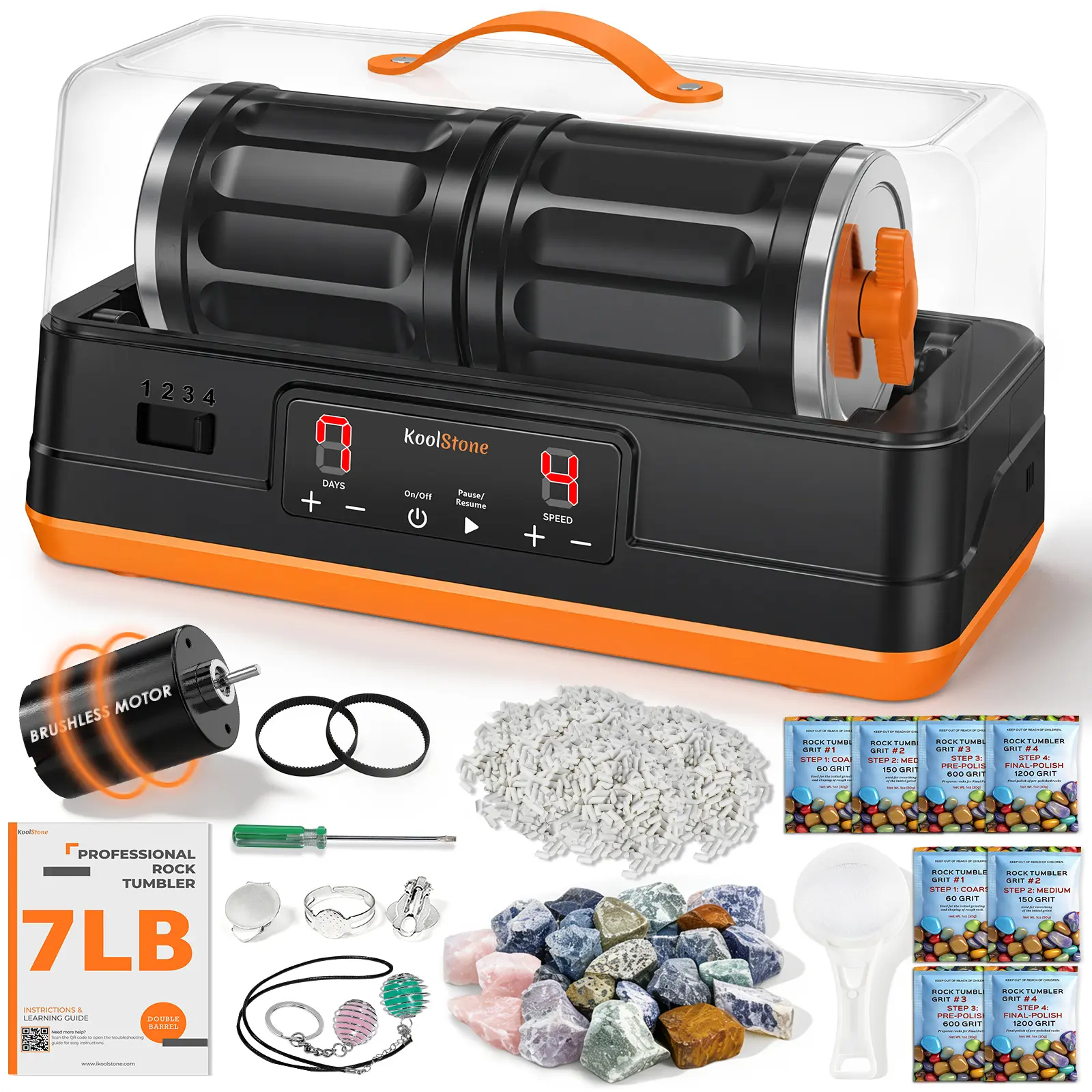 C1 Pro Ultra Brushless Rock Tumbler Kit - Dual Barrel 7LB Capacity with Noise-Reducing Cover, Ultra Quiet Professional Rock Polisher with Full Accessories, Perfect STEM Gift for All Age