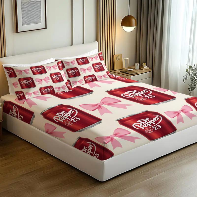 Dr Pepper Brand Full Print Fitted Sheet Set, 1 Fitted Sheet and 2 Pillowcases, Wine Red Color Base, Soft Skin-Friendly, Dustproof Anti-Wrinkle, Decorative Bedsheet Sets, Trendy Bedroom Decor for Boys and Girls