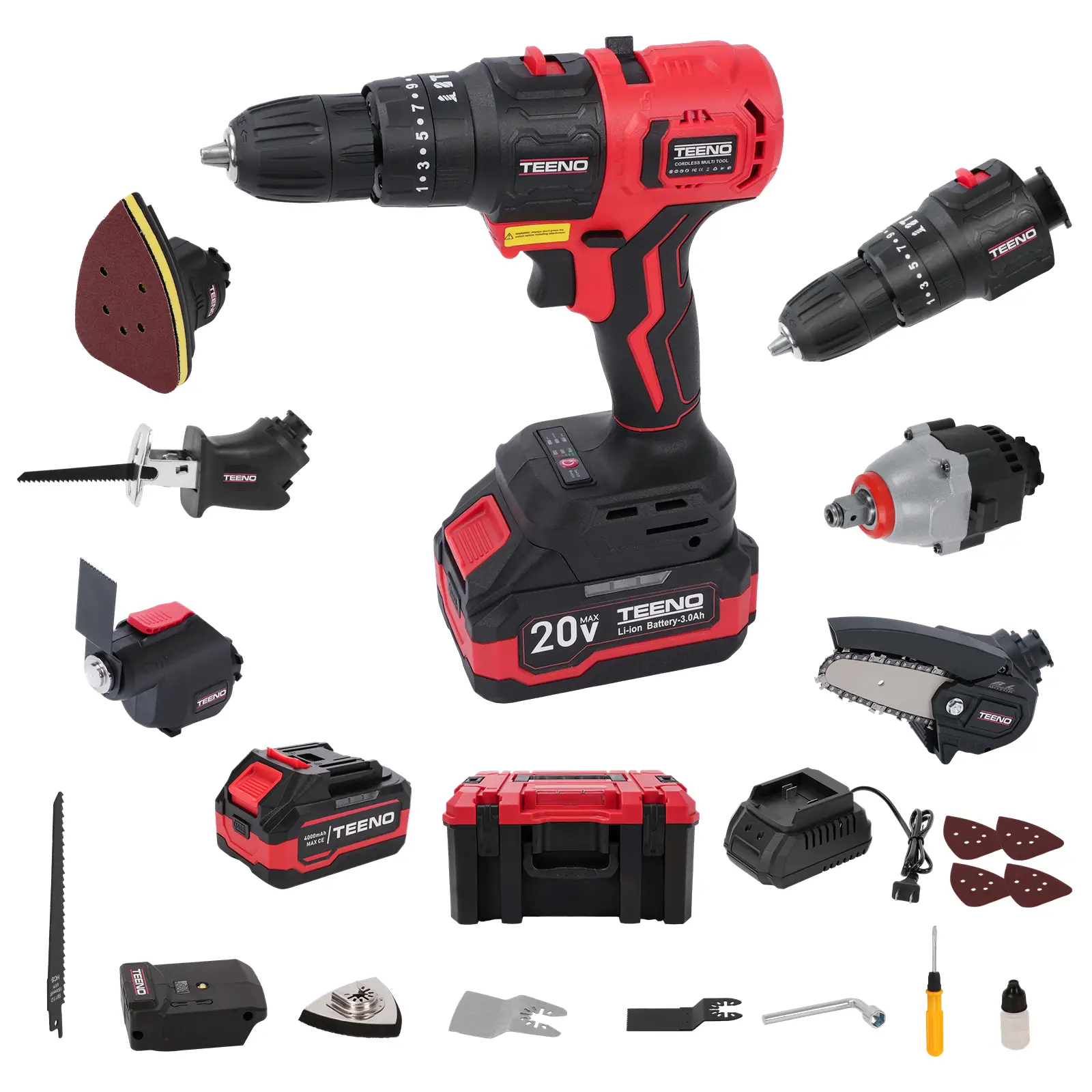 20V Cordless Combo Kit, 8-in-1 3-IN-1Cordless Multi-tool with Case, Drill, Recip saw, Chain Saw, Impact wrench, Oscillating tool, Sander with Accessor