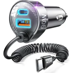LISEN Car Charger with 45W Built-in USB-C 36 inch Coiled Cable, 90W Multi-Port Fast Charging Cigarette Lighter Adapter for iPhone 17/16/15 Pro Max, Samsung Galaxy S26 Ultra, Black | Car Charger USB C Fast Charge Adapter,Super Fast for Men Women