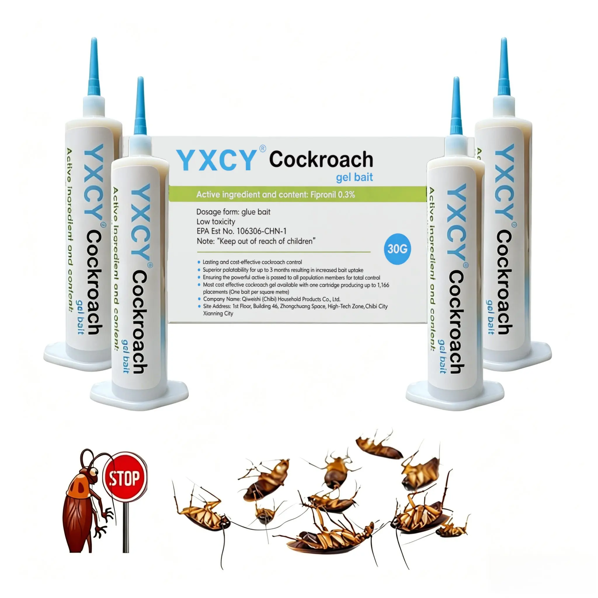 YXCY Cockroach Gel Bait Repellent, 4 Tubes x 30g, 1 Plunger, 2 Tips, Indoor & Outdoor Use, Effective Control for German, American & Other Major Cockroach Species