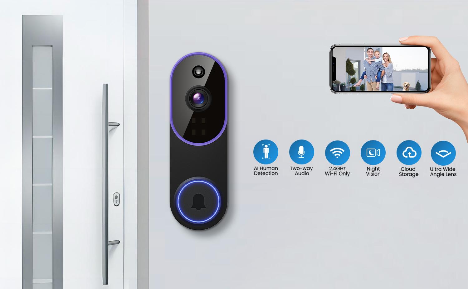 1080P Wireless Video Doorbell Camera, Smart AI Human Detection, FHD Live View, Cloud Storage, Night Vision, Two Way Audio, Instant Alert, 2.4G WiFi Only, Indoor/Outdoor Surveillance Cam for Home Security System 1080P Wireless Video Doorbell Camera, Smart AI Human Detection, FHD Live View, Cloud Storage, Night Vision, Two Way Audio, Instant Alert, 2.4G WiFi Only, Indoor/Outdoor Surveillance Cam for Home Security System