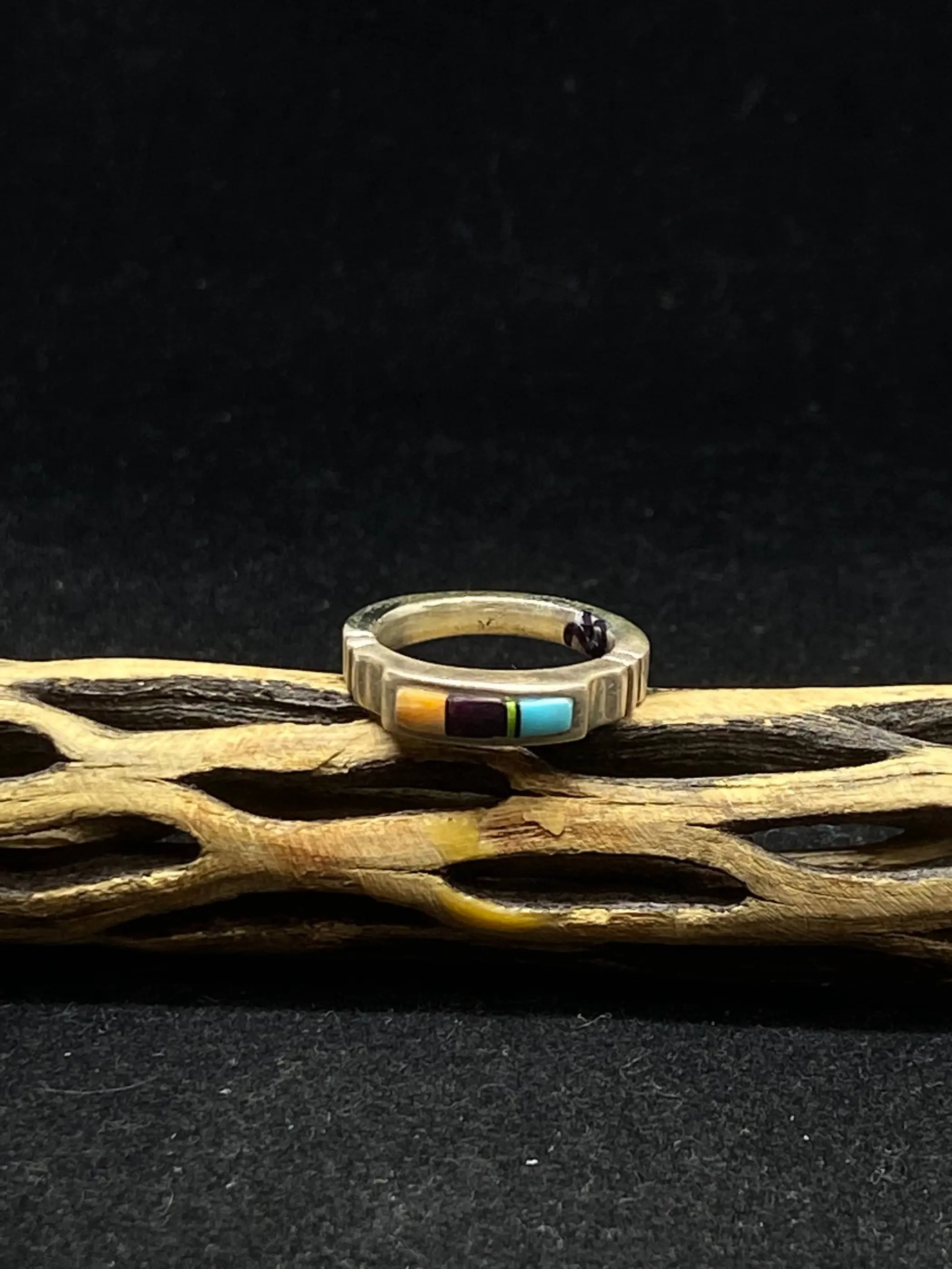 Handmade Native American Navajo inlay multi stone / multicolor Sterling Silver ring Size 5