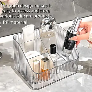 Acrylic Cosmetic Storage Box with 4 Compartments, Transparent Makeup Organizer for Bathroom Accessories and Desktop, Durable Material