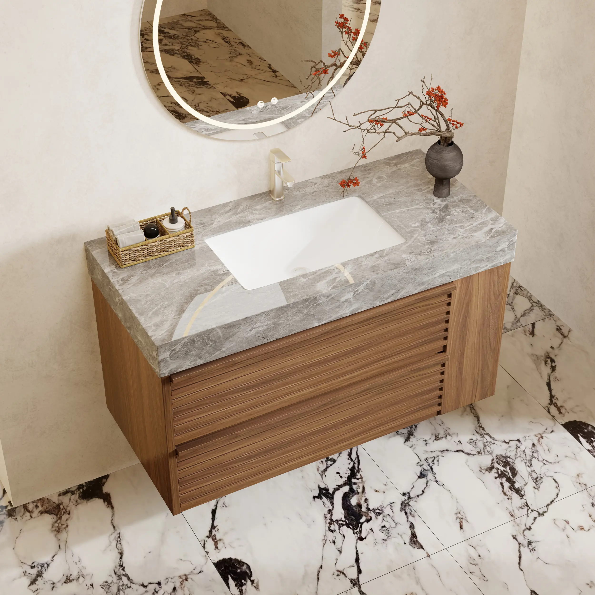 Modern 36" Bathroom Vanities, Sintered Stone Tabletop, 2 Drawers, Pre-Assembled Cabinet Storage