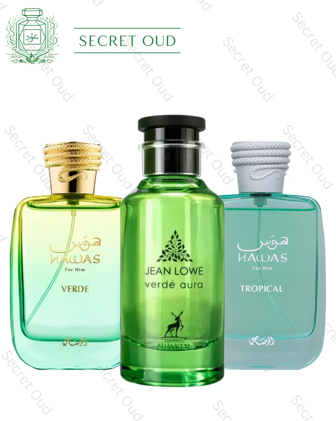 Jean Lowe Verde Aura + Hawas Verde + Hawas Tropical -- 3 piece bundle, Aromatic Citrus Woody, Citrus Blend Fragrance