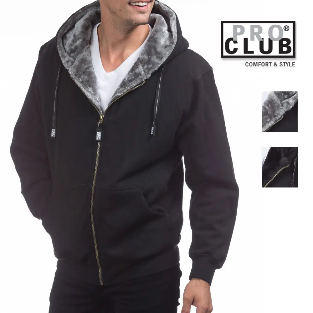 PROCLUB Men's Heavyweight Hooded Pile Jacket PRO CLUB Classic Soft Fur-Insulated Jacket Casual Fur Hoodie Full Zip Jackets Hip Hop Harem Black Gray
