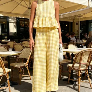 2026 New Arrival Summer Women Matching Set, Plaid Round Neck Sleeveless Flounce Top, High Waist Full Length Pants, Chic and Wearable