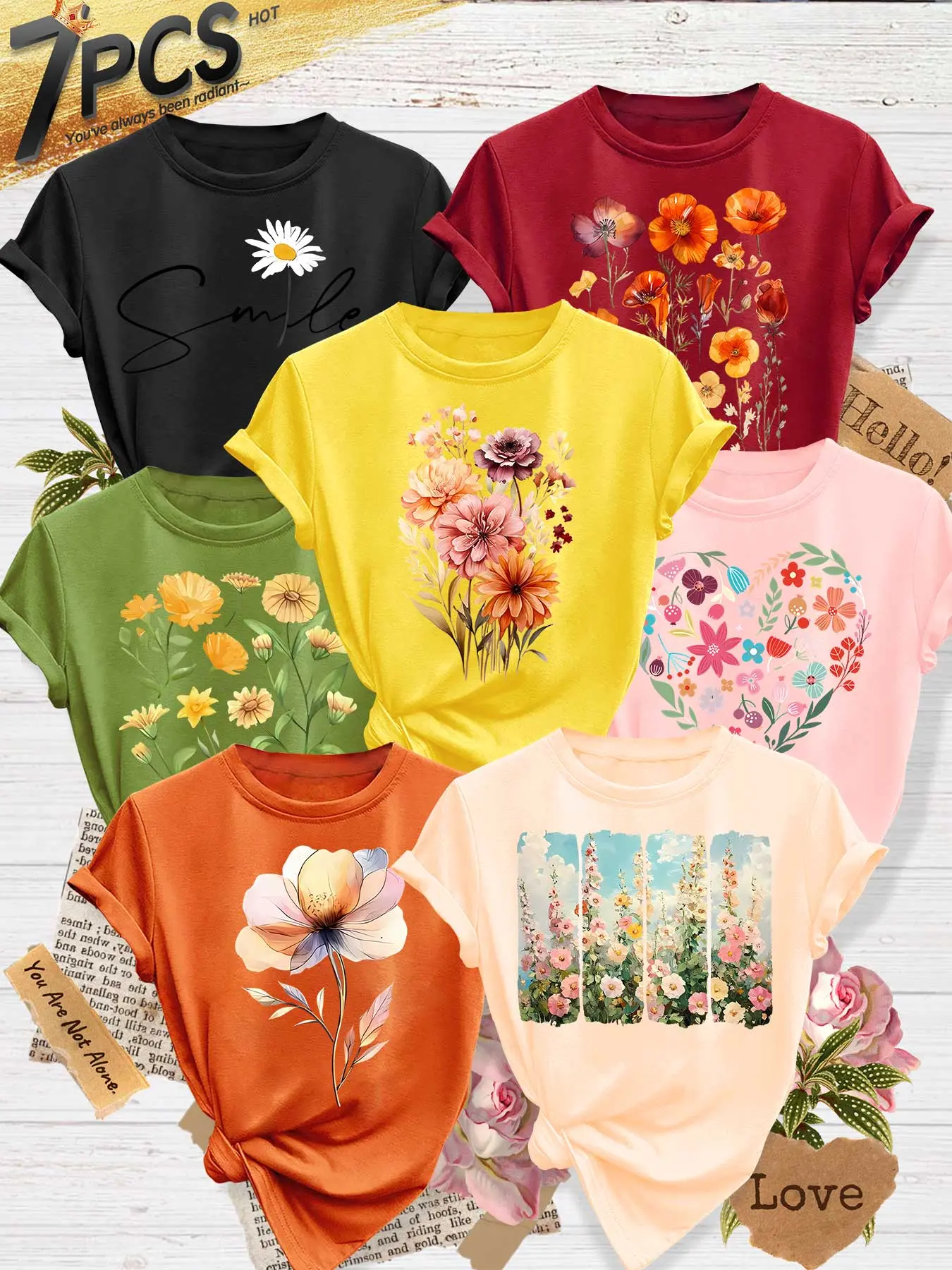 7Pcs Women's Crew Neck Round Neck T-Shirts, Minimal Floral & Slogan Series Print, Multiple Colors Available, Machine Washable, Spring & Summer Tops, Soft Skin-Friendly Fabric, Daily Versatile, Casual Fashion Design, Womenswear