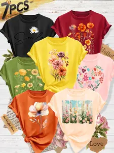 7Pcs Women's Crew Neck T-Shirts, Minimal Floral & Slogan Series Print, Multiple Colors Available, Machine Washable, Spring & Summer Tops, Soft Skin-Friendly Fabric, Daily Versatile, Fashion Design
