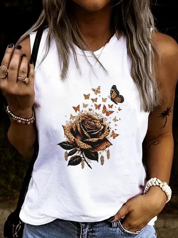 Women's Soft Leopard Print Cotton Sleeveless Racerback Tank Top - Rose, Feather & Butterfly Graphics, Wild Western Casual Style - Ideal for Beach, Outdoor Use, Pair with Skinny Jeans