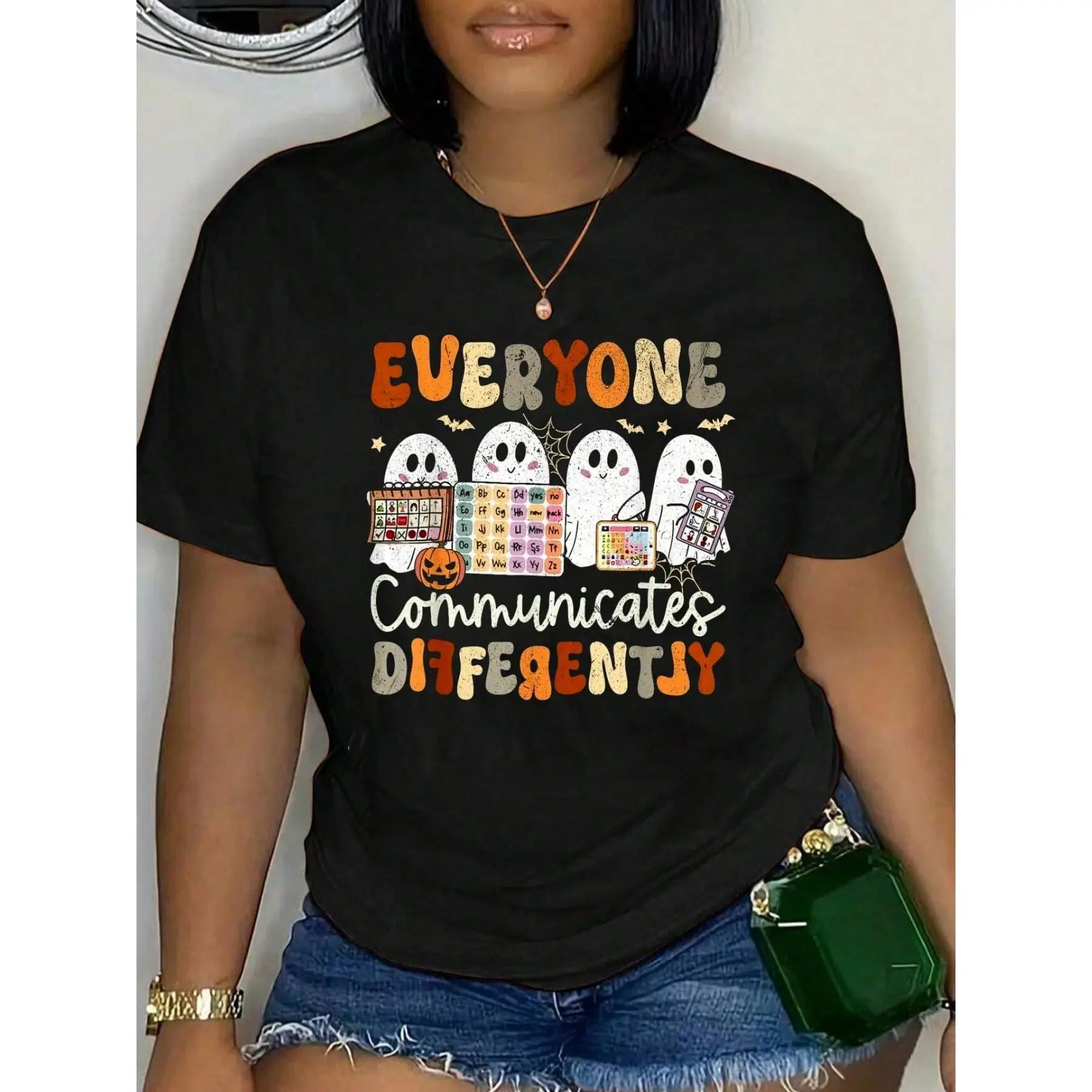 100% Cotton Everyone Communicates Differently Halloween SLP Sped Teacher T-Shirt Men's Women's Soft Breathable Tee Classic Fashion Summer Tops graphic tees men crop tops summer outfits for men summer tops T-Shirt