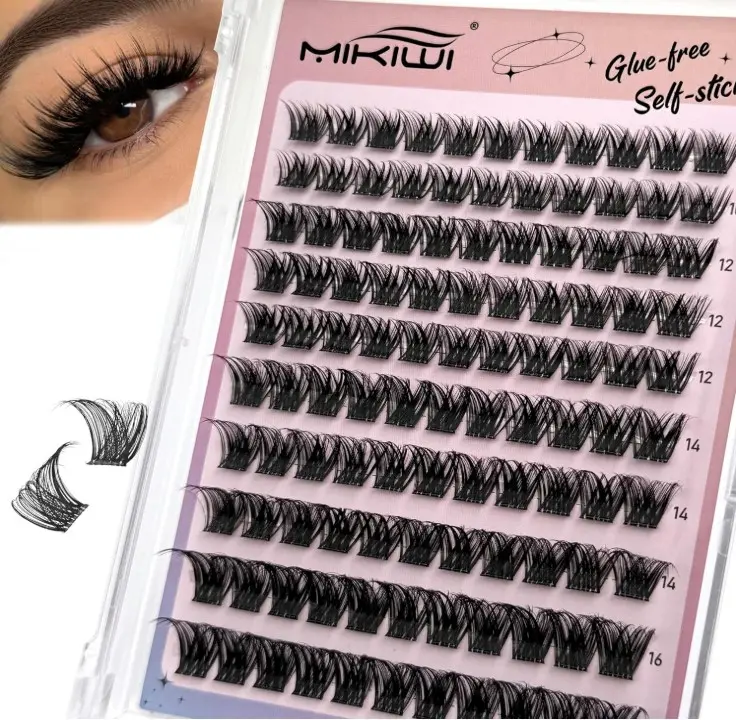 MIKIWI Self Adhesive Lash Clusters, No Glue Needed Wispy D-Curl Lash Clusters 10-16mm Pre Glued Eyelashes Clusters No Residue Self Adhesive Eyelashes