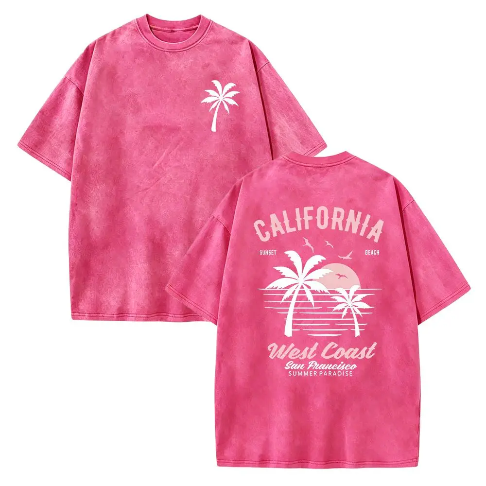 Washed  California Graphic Tee – 250g Soft Vintage Surf Beach Tee with Palm Trees & Retro Print, Loose Fit Summer Casual Shirt for Men Women, Unisex Machine Washable