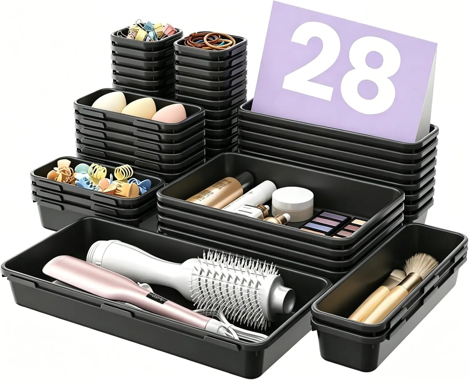 A-LuGei 【Military Grade Drawer Organizer, 【𝟱𝗦𝗶𝘇𝗲】 Makeup organizer, 【Holds 177 Items】 Bathroom Organizers and Storage, Organization and Storage, Desk Drawer Organizer for Vanity (Black)