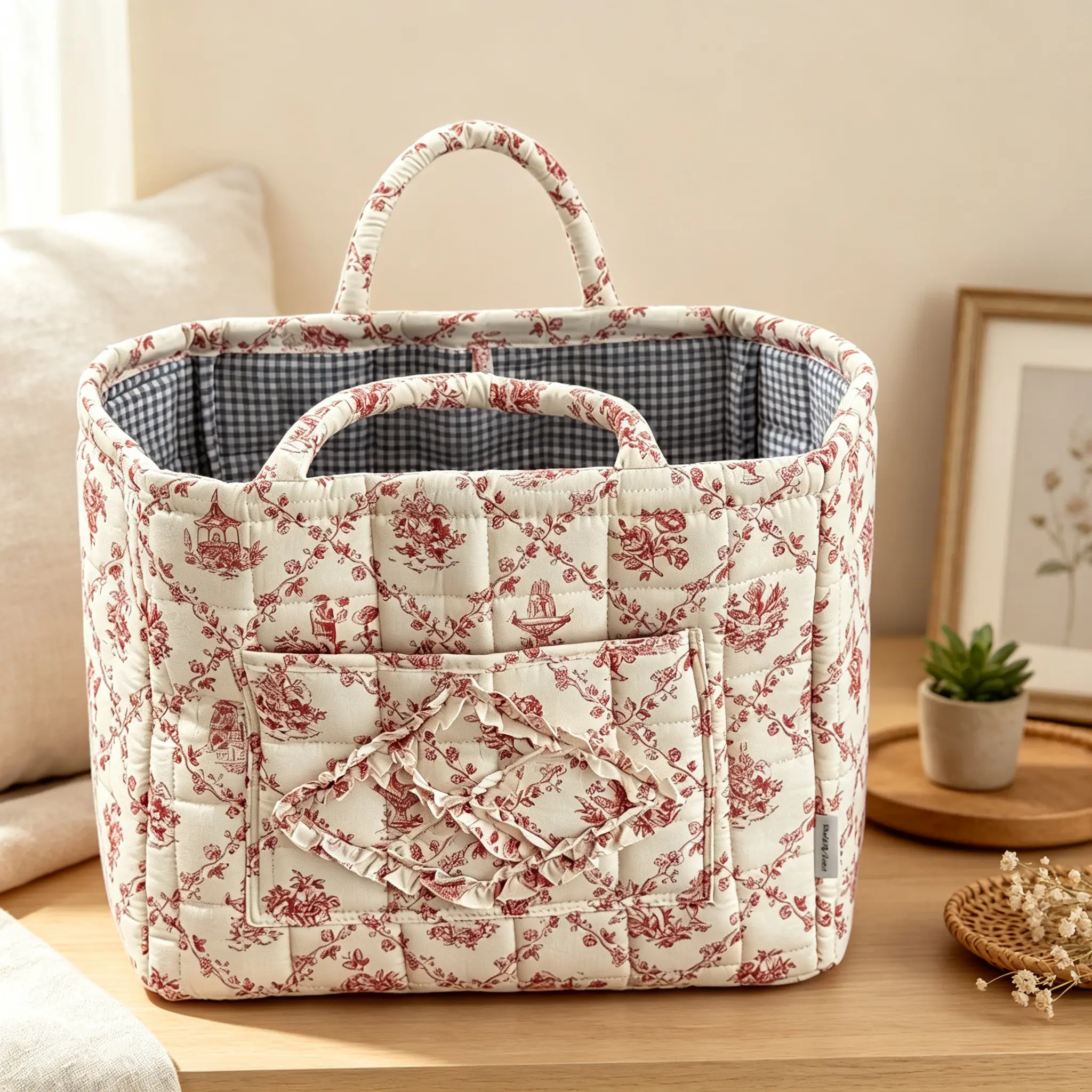 French Vintage Floral Storage Basket, Thick Quilted Fabric Organizer Bin with Double Handles, Cute Cottagecore Home Storage Basket