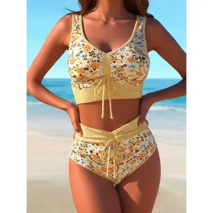 Yellow Floral Print High Waist Tankini Set - Drawstring 2 Piece Swimsuit for Women beachwear pool party holiday swimwear bikini set