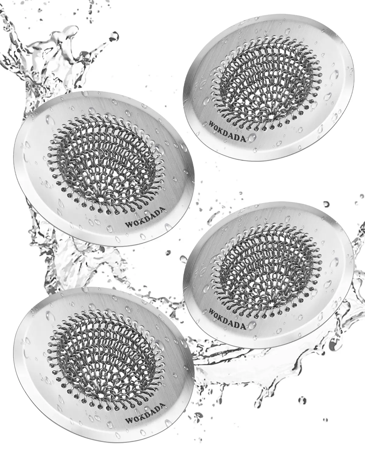 WOKDADA 4-Pack 304 Stainless Steel Kitchen Sink Drain Strainers - Invertible Chain Mesh Garbage Catchers with Drainage, Cleaning Functions, Patented Rust-Proof Handmade Metal, Large Capacity for Clog-Free Sink Holes