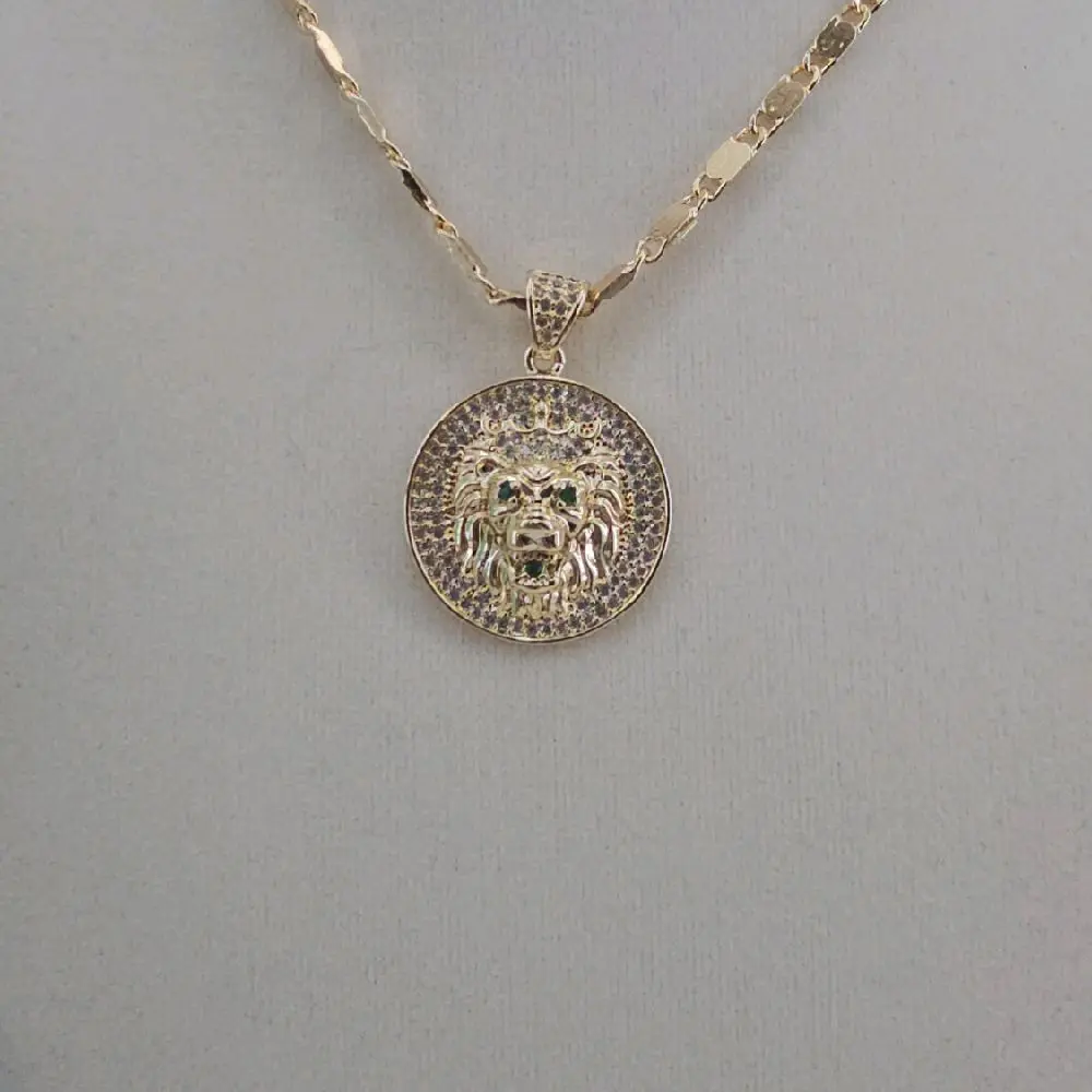 (14)  #1 14K Gold Laminated Crown Lion Pendant and Chain for Men or woman