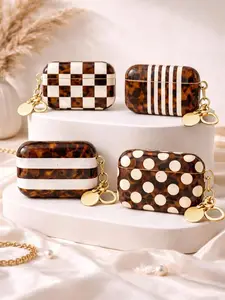 Tortoise Shell AirPods Case, Checkered Stripe Polka Dot Case, Neutral Brown Glossy Earbuds Cover, Cute Aesthetic Tech Gift, No Keychain
