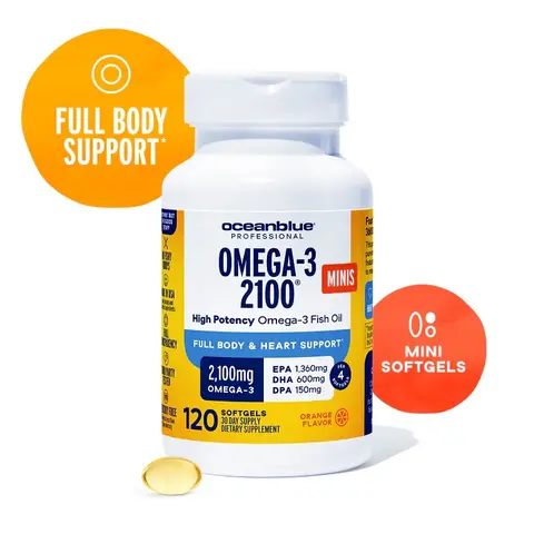 Oceanblue Professional Omega-3 2100mg Mini Fish Oil Softgels - Triple Strength, High Potency EPA, DHA & DPA - Burpless, Wild-Caught, Natural Orange Flavor - 120 Count