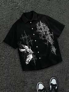 Men's Thorn Angel Graphic Shirt, Dark Element Design, Summer Streetwear, Cultural Party Fashion, Casual Men's Clothing