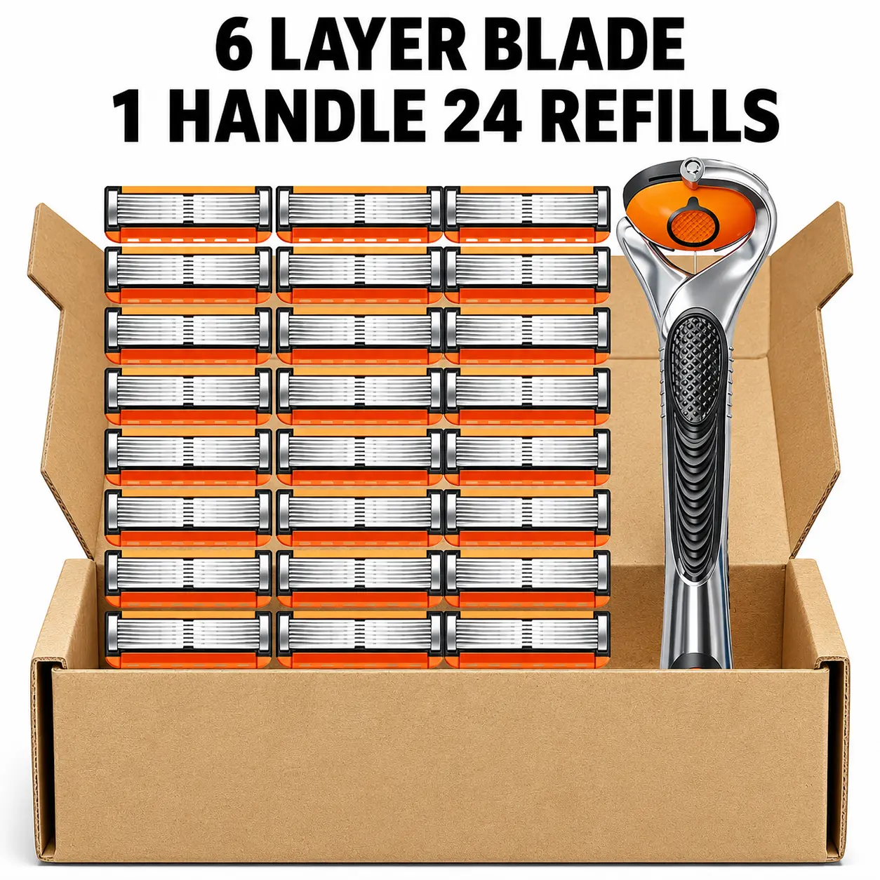 Men's 6-Layer Progressive Blade Manual Shaving Razor Set, 24/48 Refills or 48 Refills + 1 Handle, Manual Shaver Kit with Non-Slip Anti-Cut Handle & Anti-Slip Design, Replaceable Layer Blade Heads for Face, Head & Body, Designed to Help Reduce Skin Irritat