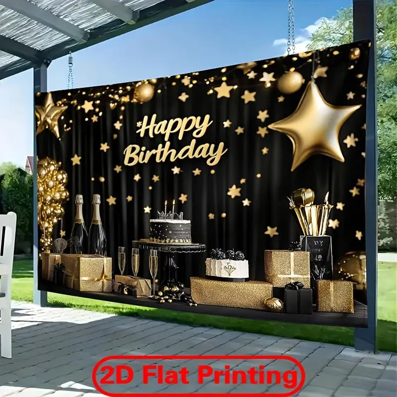 Glamorous Black & Golden Shiny Happy Birthday Polyester Backdrop - Lightweight Party Decoration Supplies with Golden Stars, Champagne Design, Letters, Wall Decor Banner for Indoor-Outdoor Party Studio Props Garage Hanging 2D Flat Printing Gift