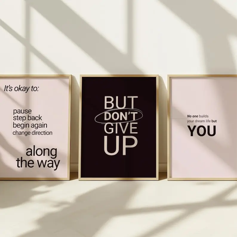 Black Pink Motivation Wall Art Set of 3, Minimalist Aesthetic Dorm Room Decor for Teen Girls and Young Women, Don’t Give Up Printable Poster #600