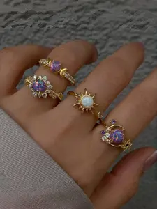 4pcs Celestial Opal Ring Set, Vintage Sun Moon Star Stacking Rings, Elegant Floral Pattern, Alloy Material, Aesthetic Jewelry for Women