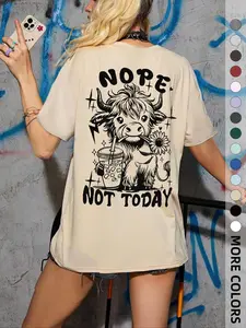 Women's Cow & Letter Print Drop Shoulder Tee, Casual Chic Minimalist Half Sleeve Round Neck T-shirt for Summer, Fashion Women's Top for Daily Wear